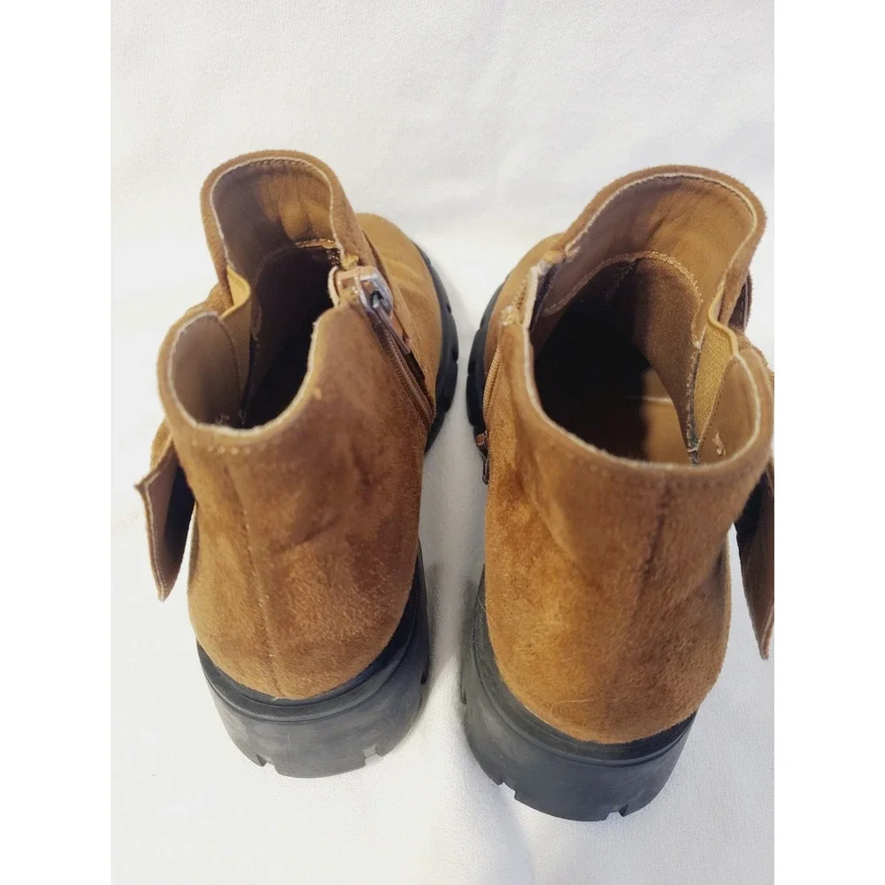 ZBY Girls Sz 1 Tan Faux Suede Ankle Boots Bow Rhinestone Lug Sole